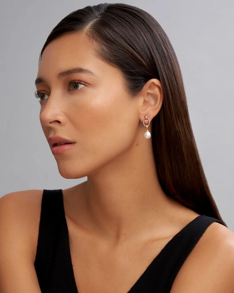 18k Gold & Sterling Silver Two Tone Cultured Pearl Oval Drop Earrings