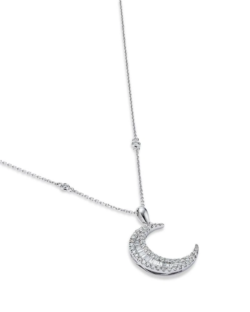 Diamond Baguette & Round Crescent Pendant Necklace in 14K White Gold, 0.62 tcw