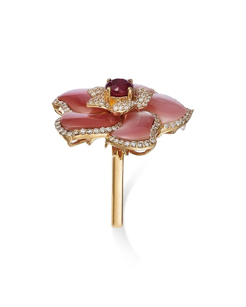 Ruby, Mother of Pearl, & Diamond Flower Ring in 14K Yellow Gold