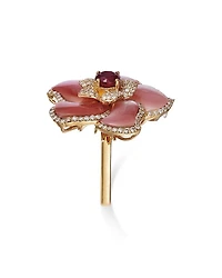 Ruby, Mother of Pearl, & Diamond Flower Ring in 14K Yellow Gold