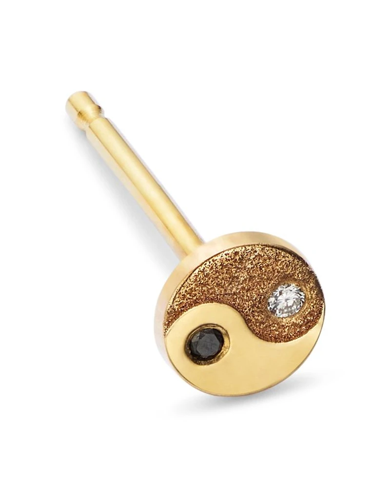 14K Yellow Gold Itty Bitty Symbols Black & White Diamond Yin Yang Single Stud Earring