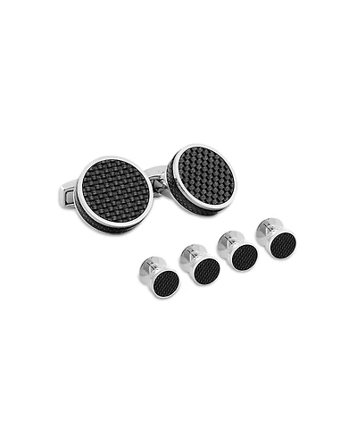 Tateossian Rhodium Plated Round Stud & Cufflink Set