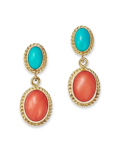 Bloomingdale's Fine Collection Turquoise & Coral Double Drop Earrings