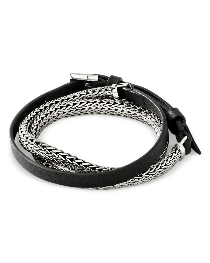 Sterling Silver Classic Chain Leather Strap Wrap Bracelet