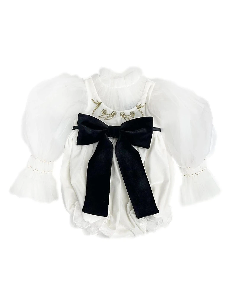 Petite Maison Kids Unisex Petite Maison Aurora Ivory Velour Romper with Tulle Puff Sleeves