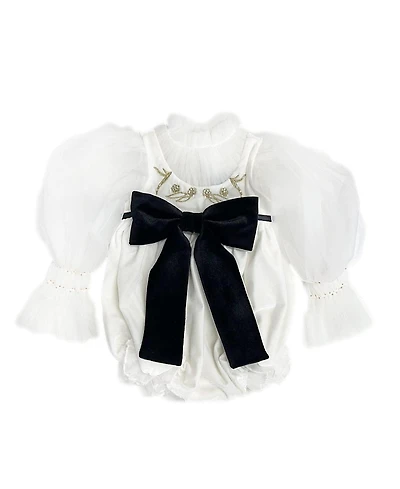Petite Maison Kids Unisex Petite Maison Aurora Ivory Velour Romper with Tulle Puff Sleeves