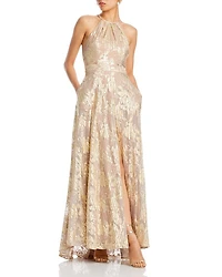 Foil Knit Metallic Halter Gown - Exclusive