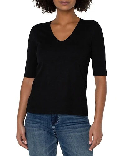V Neck Rib Knit Elbow Sleeve Tee