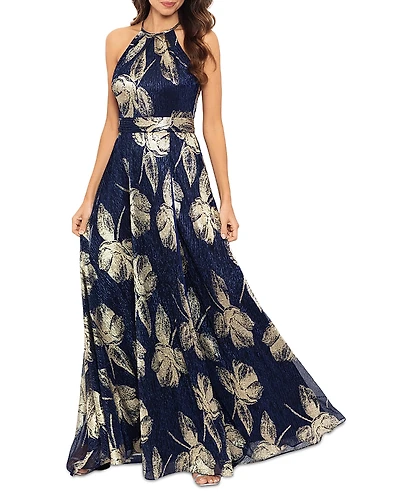 Aqua Floral Print Foil Halter Gown - Exclusive