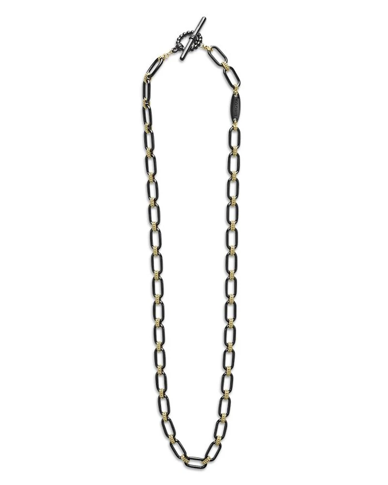 18K Yellow Gold Signature Caviar Black Ceramic Link Necklace, 16-18"
