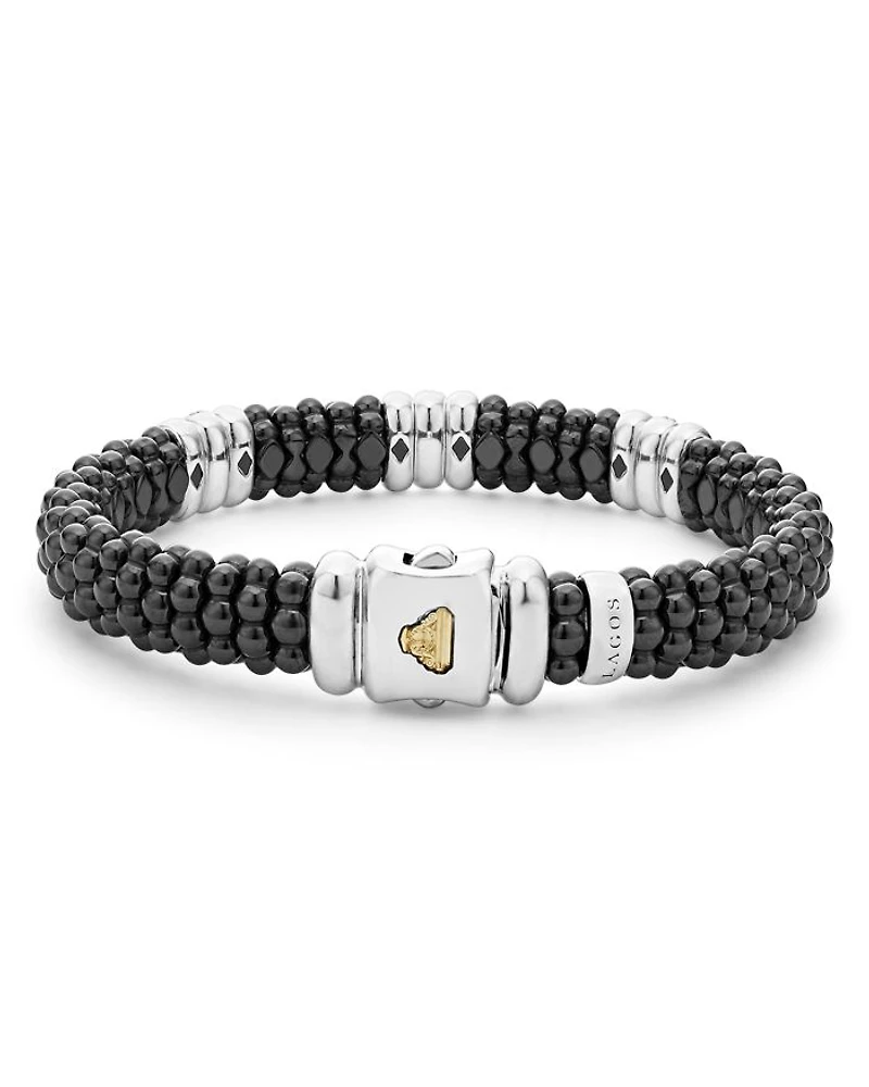 Sterling Silver Black Caviar Black Ceramic & Diamond Rondelle Beaded Bracelet