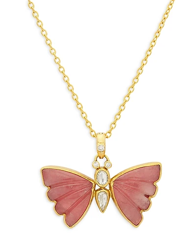 Gurhan 18K & 24K Yellow Gold Butterfly Rhodochrosite & Diamond Pendant Necklace, 16-18