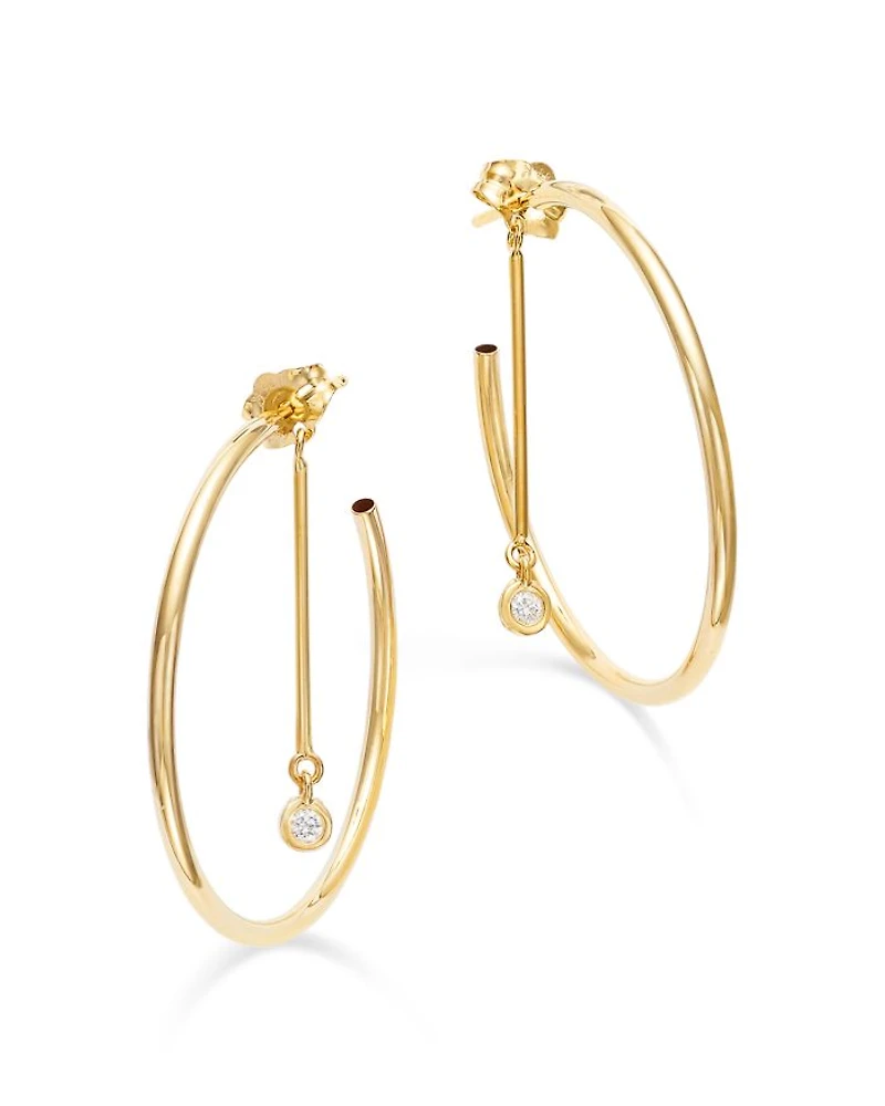 14K Yellow Gold Diamond Dangle Post Front to Back Hoop Earrings