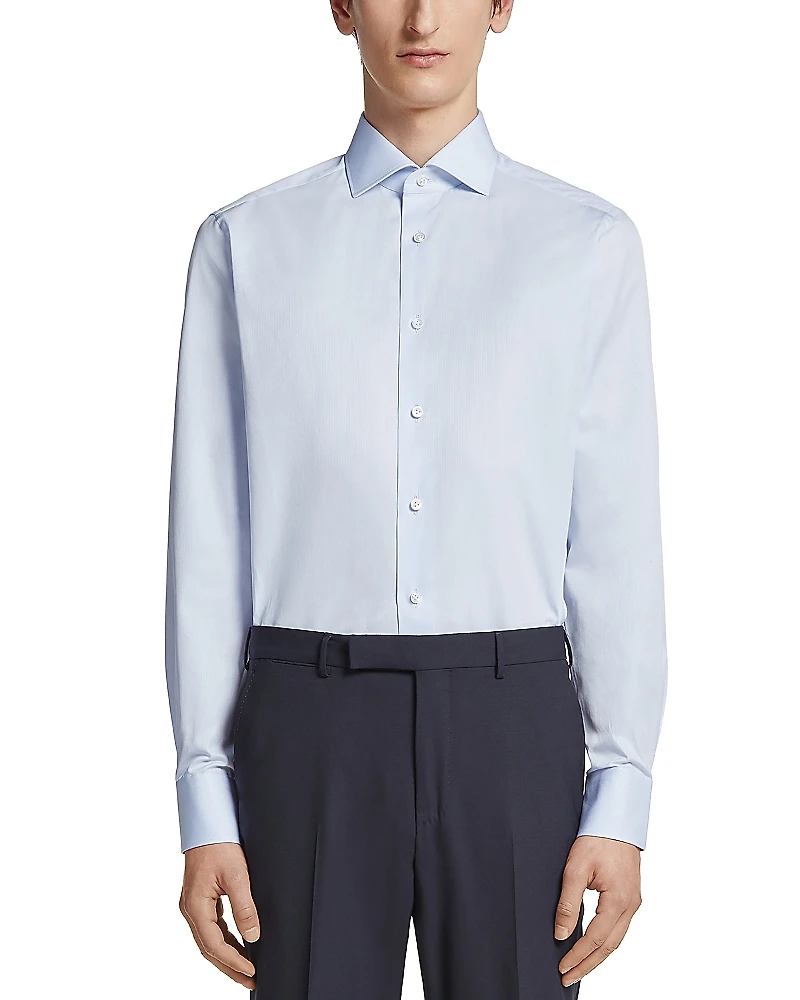 Zegna Centoventimila Cotton Micro Striped Regular Fit Dress Shirt