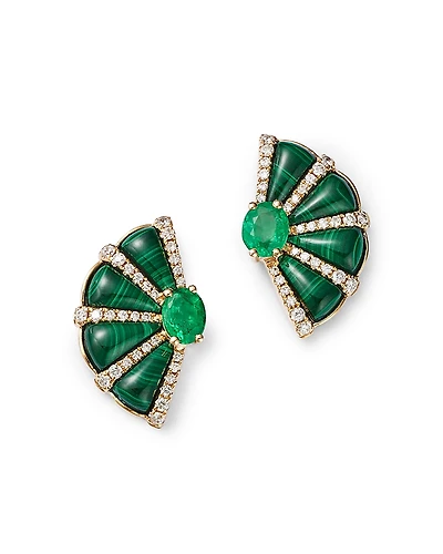Bloomingdale's Fine Collection Malachite, Emerald, & Diamond Fan Stud Earrings