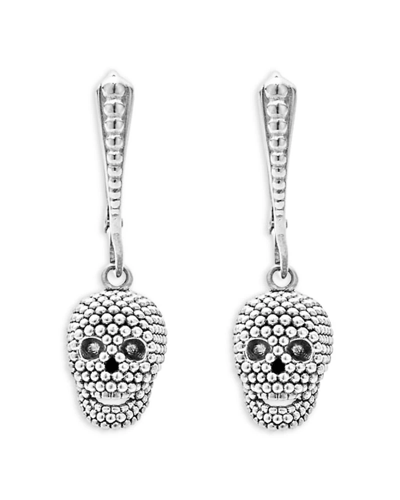 Sterling Silver Rare Wonders Caviar Bead Skull Drop Earrings