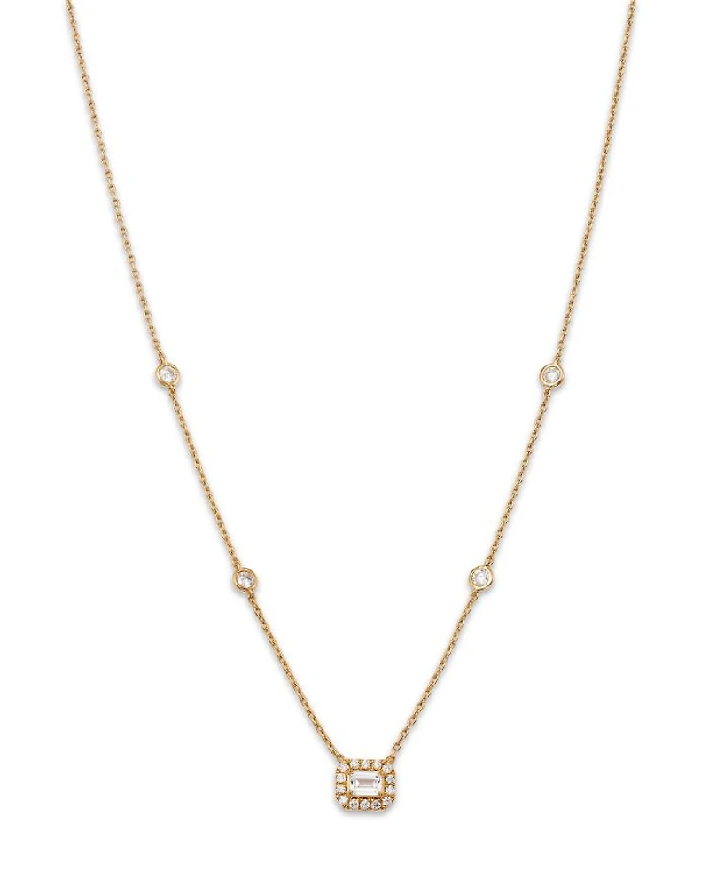 Diamond Emerald Cut Halo Pendant Necklace in 14K Yellow Gold, 0.60 tcw