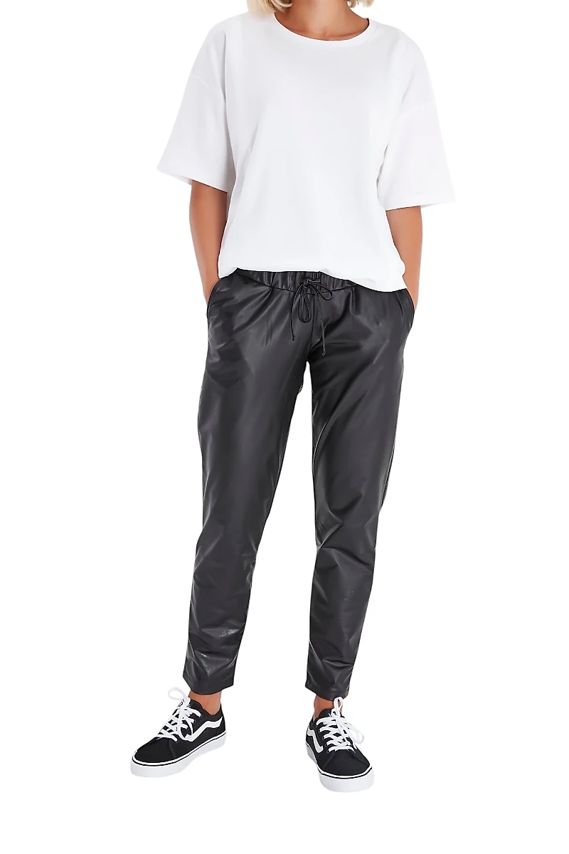 Accouchee Comfy Cool Foldover Waistband Faux Leather Maternity Jogger Pants