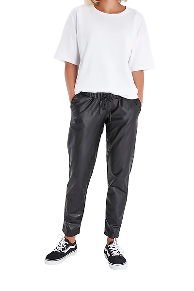 Accouchee Comfy Cool Foldover Waistband Faux Leather Maternity Jogger Pants