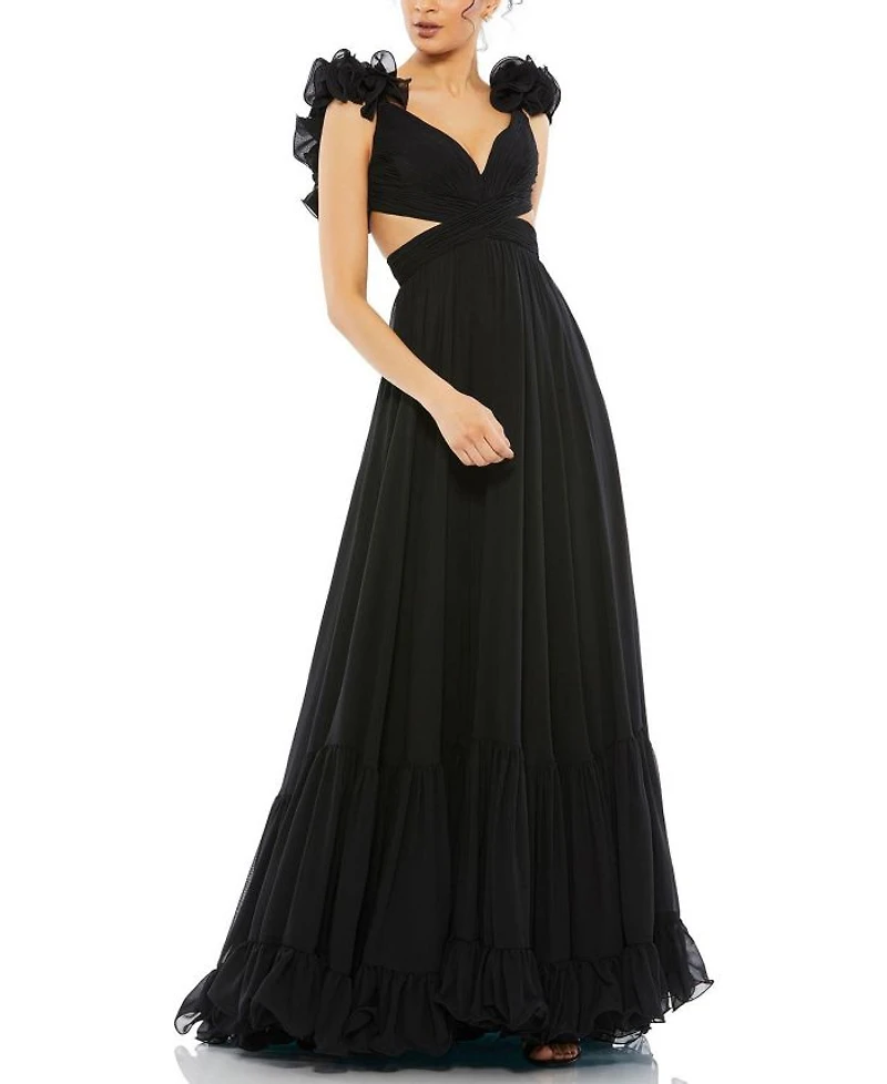 Ruffle Tiered Cut-Out Chiffon Gown
