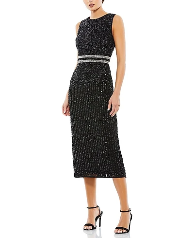 Mac Duggal Sleeveless High Neck Beaded Midi Sheath Dress