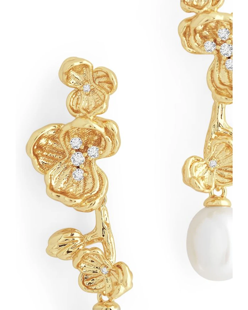 Pavé & Cultured Freshwater Pearl Orchid Drop Earrings in 18K Gold Plated