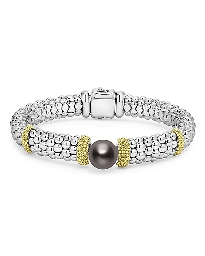 Lagos 18K Yellow Gold & Sterling Silver Luna Black Tahitian Pearl Caviar Bead Bracelet