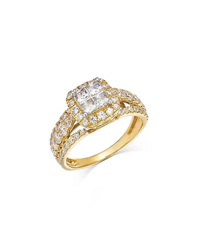 Diamond Princess & Round Halo Ring in 14K Yellow Gold, 1.50 tcw