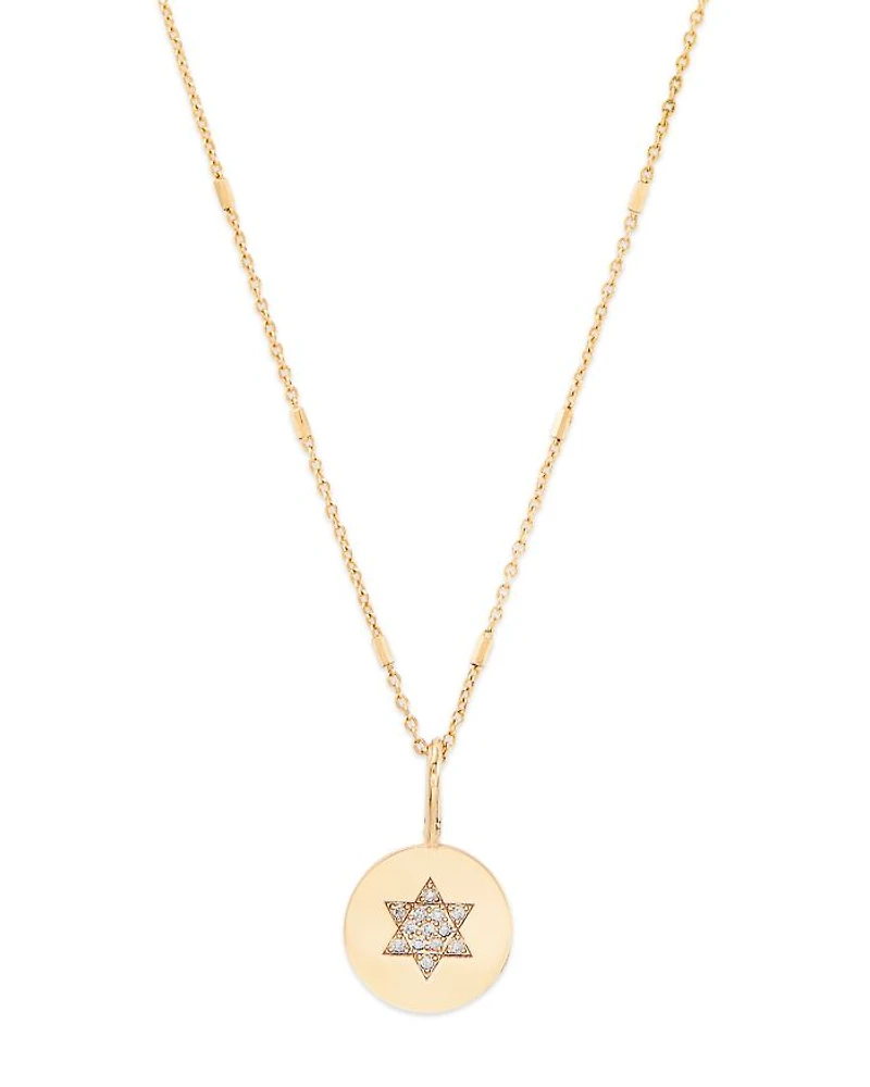 14K Yellow Gold Midi Bitty Symbols Diamond Star of David Disc Pendant Necklace, 18"