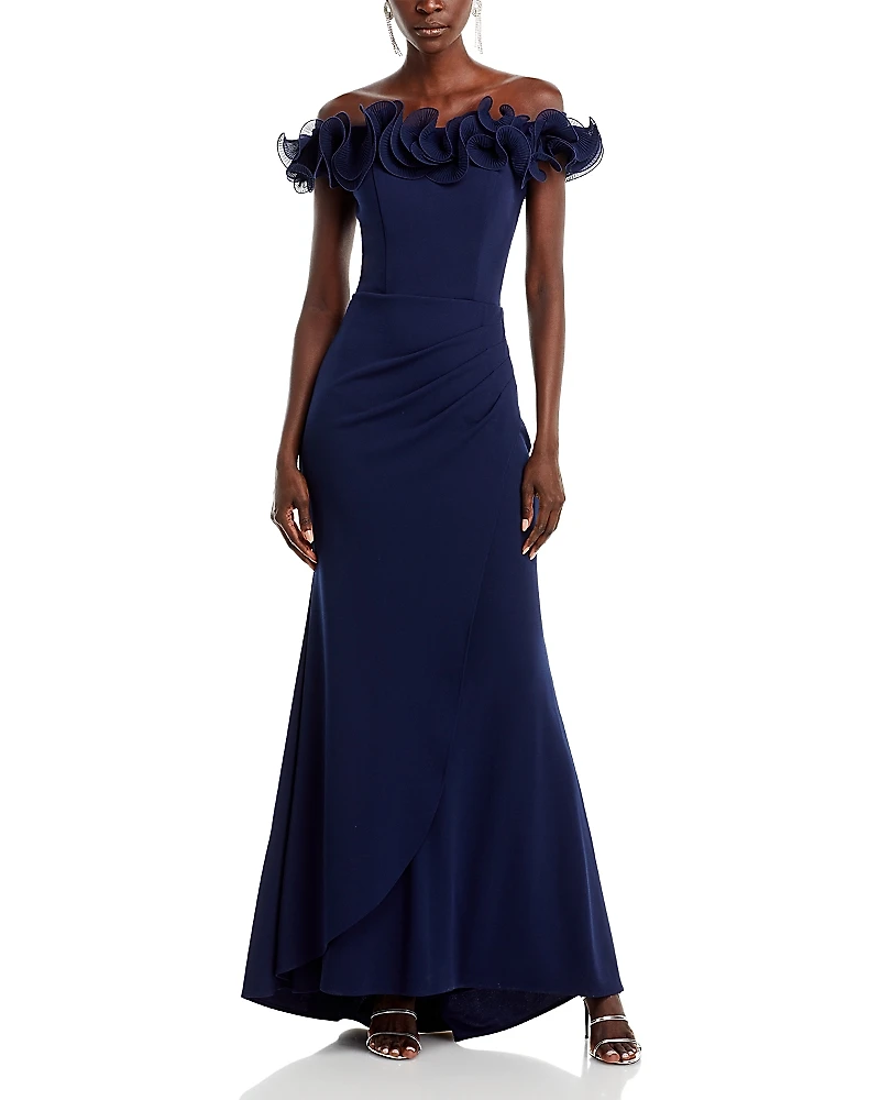 Aqua Ruffled Neck Evening Gown - Exclusive