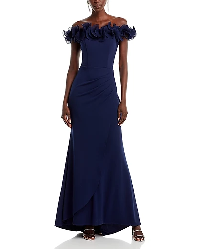 Aqua Ruffled Neck Evening Gown - Exclusive