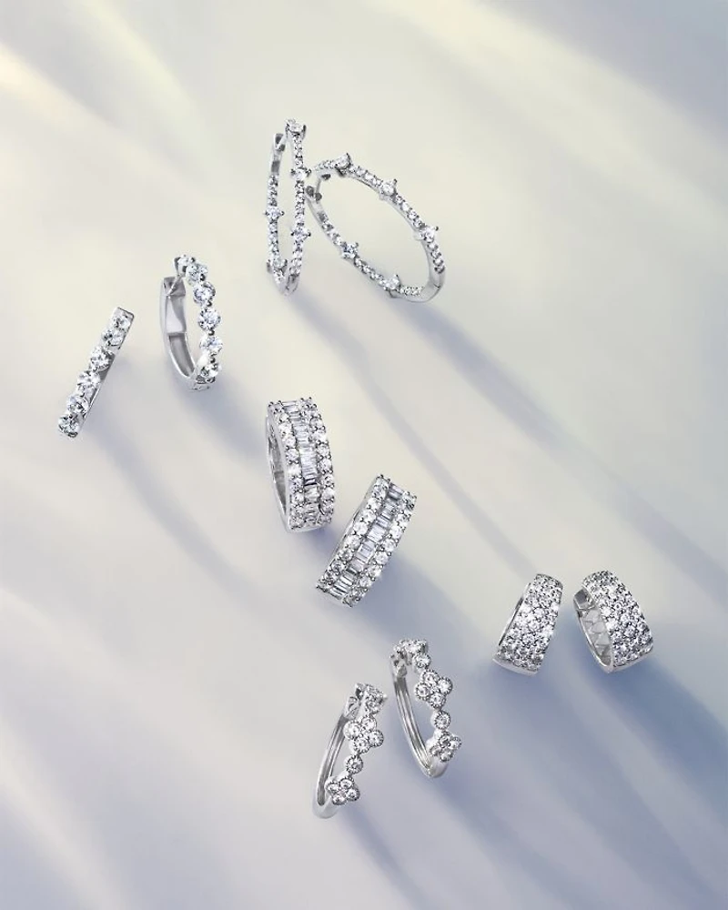 Diamond Baguette & Round Huggie Hoop Earring in 14K White Gold, 2.0 tcw