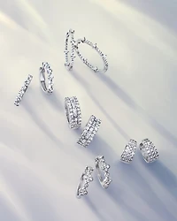 Diamond Baguette & Round Huggie Hoop Earring in 14K White Gold, 2.0 tcw
