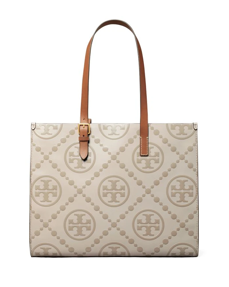 T Monogram Contrast Embossed Leather Tote