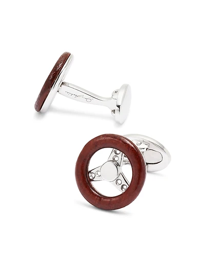 Jan Leslie Sports Car Steering Wheel Round Wood & Sterling Silver Cufflinks