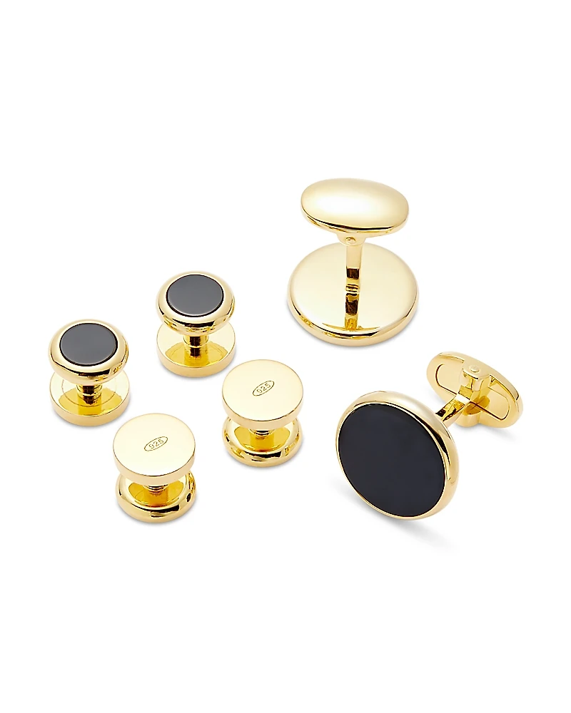 Link Up Gold-Tone Round Black Obsidian Stud & Cufflink Set