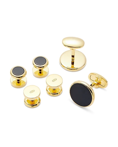 Link Up Gold-Tone Round Black Obsidian Stud & Cufflink Set