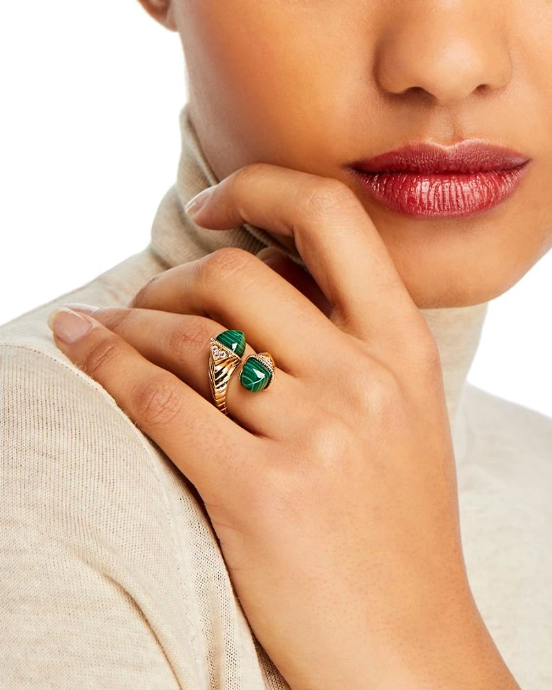 Malachite & Diamond Bypass Ring in 14K Yellow Gold