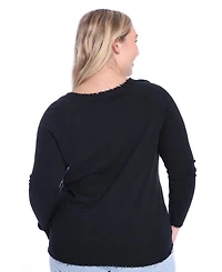 Plus Cotton Distressed Long Sleeve V-Neck Sweater