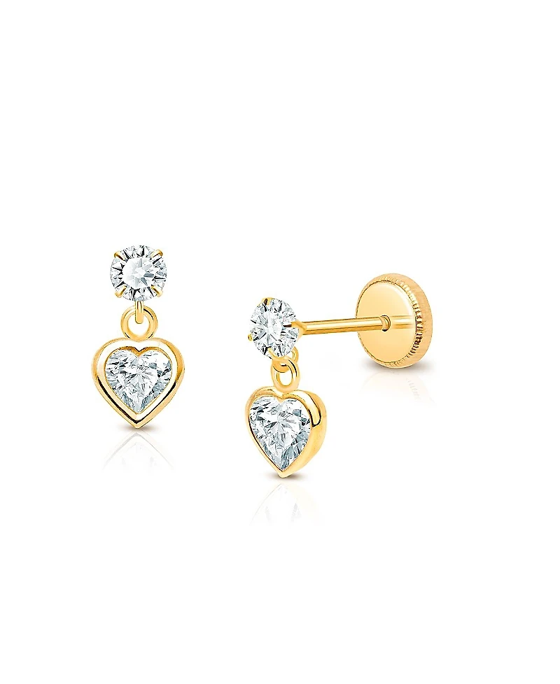 Tiny Blessings Girls' 14K Gold Fearless Heart Clear Drop Earrings - Little Kid, Big Kid