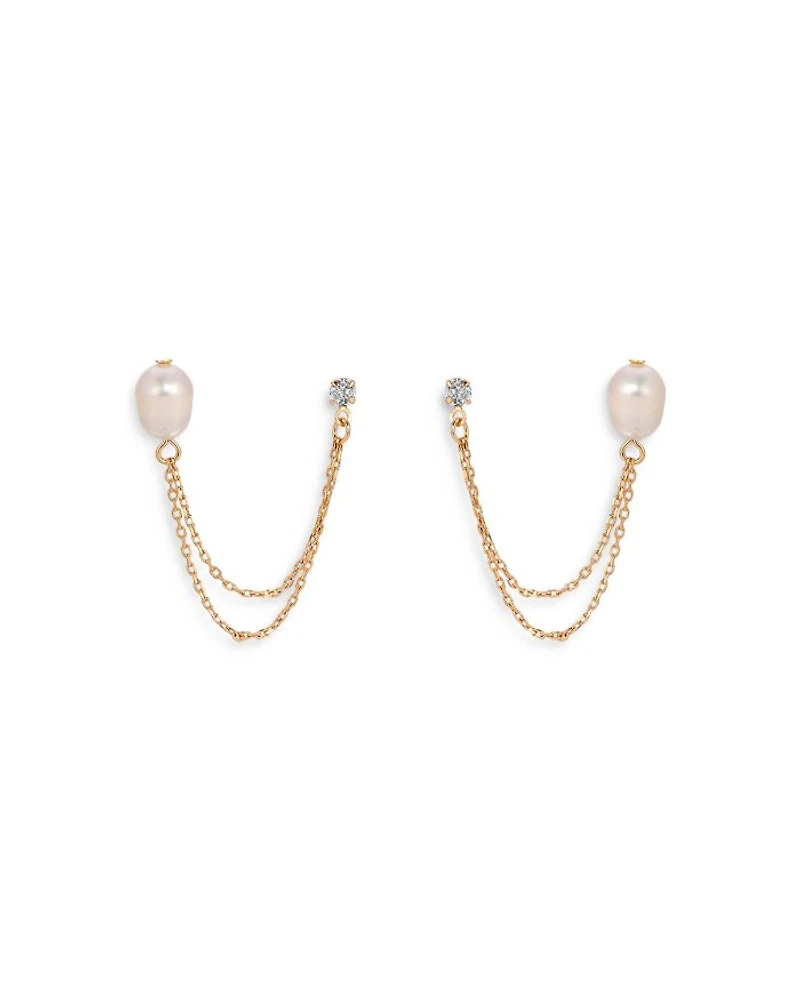 Double Post Cultured Freshwater Pearl and Crystal Draped Chain Earrings