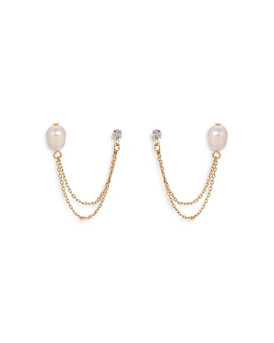 Double Post Cultured Freshwater Pearl and Crystal Draped Chain Earrings