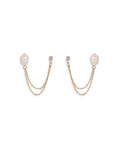 Ettika Double Post Pearl and Crystal Draped Chain Earrings