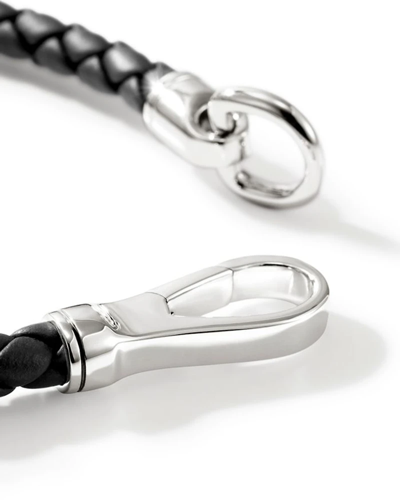 Men's Silver Woven Leather Hook Clasp Bracelet