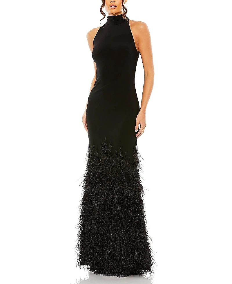 Mac Duggal Feather Tiered Detail Jersey Halter Gown