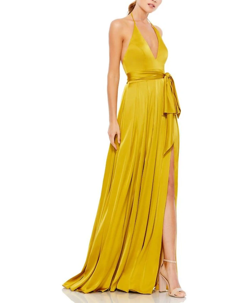 Charmeuse Halter Strap Soft Tie Waist Gown