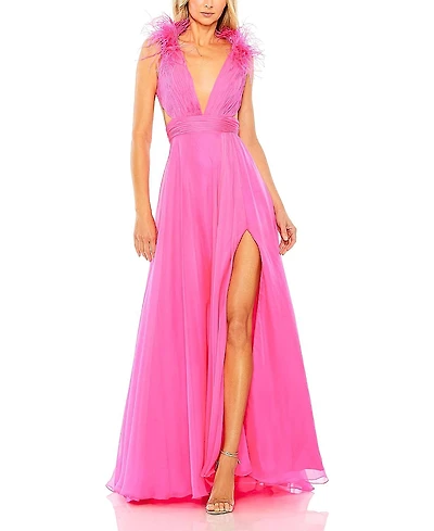 Mac Duggal A-Line V Neck Feathered Collar Gown