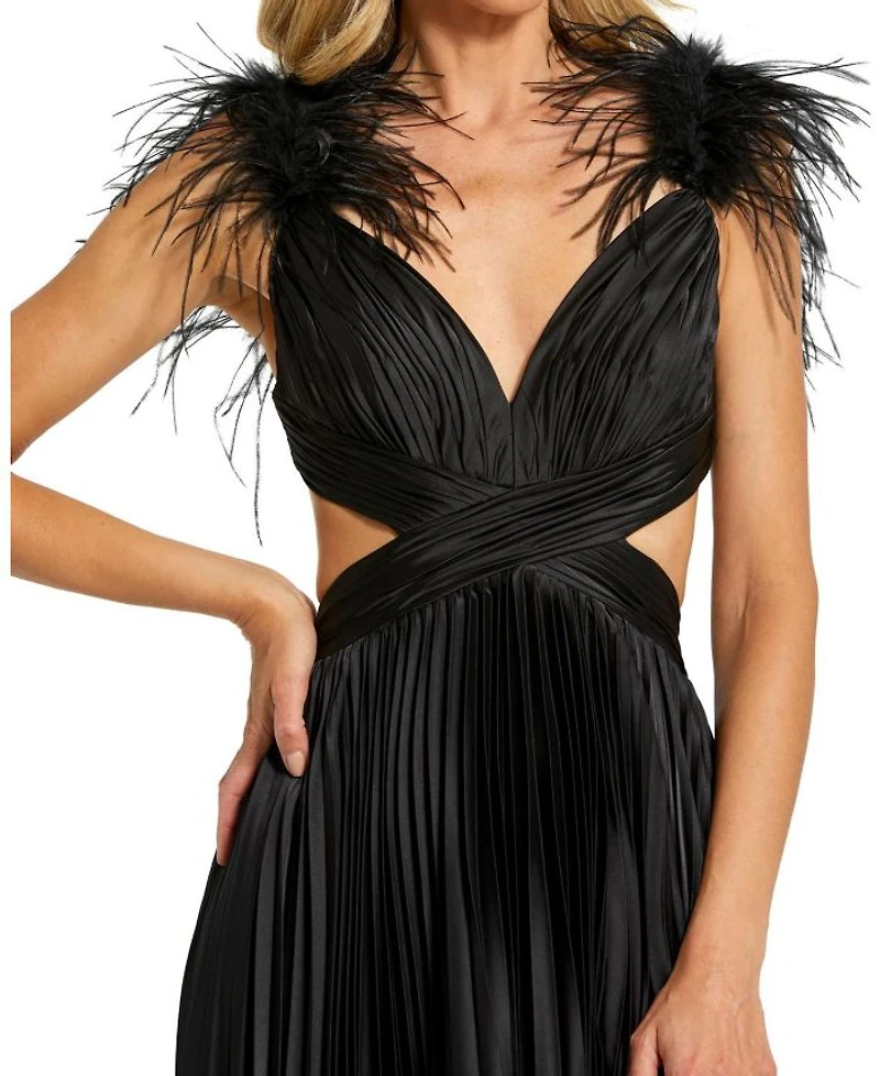 Pleated Feather Cap Sleeve Open Back Gown