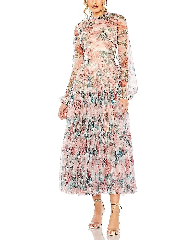 Mac Duggal Long Sleeve High Neck Balloon Midi Dress