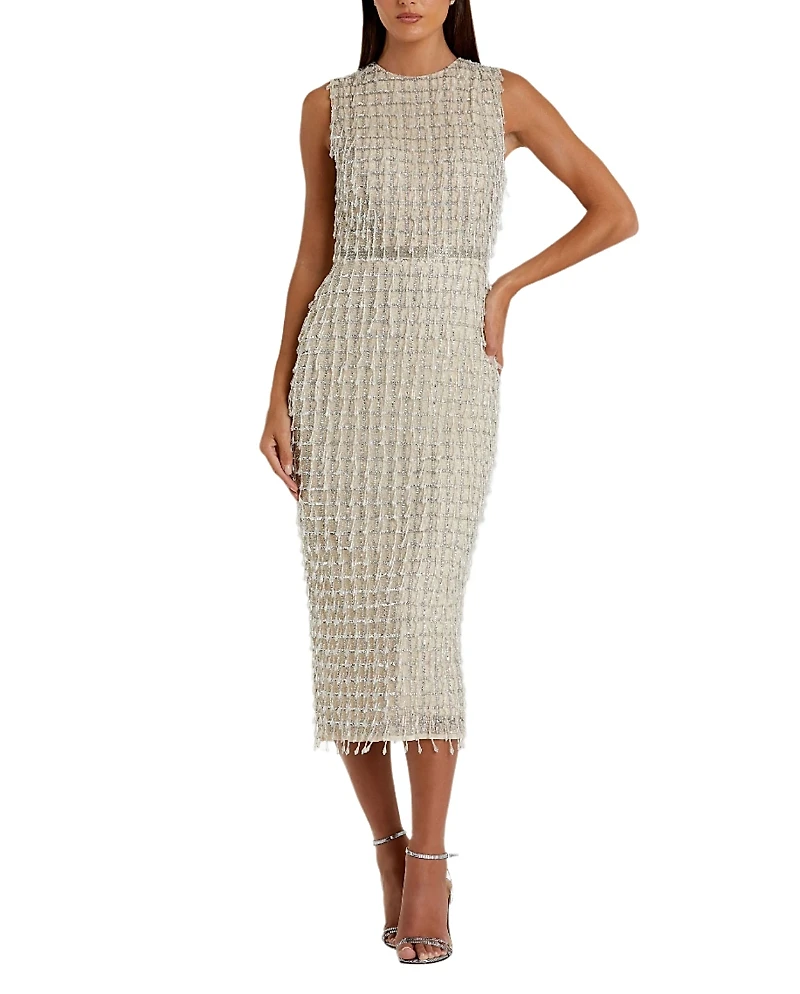 Mac Duggal Sleeveless High Neck Beaded Mini Sheath Dress